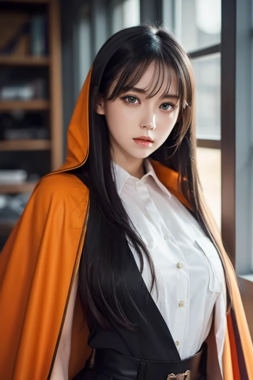 white **-****-*** girl with long black hair is wearing a military uniform, Orange Cape , Big hazel eyes, Science Fiction , Dark mood, 