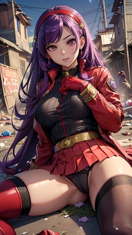 athena asamiya，(( Beautiful long purple hair ， diadema roja))，(8K， Realistic， RAW photos， highest quality:1.28)， Beautiful Face ， Realistic lips，beautiful detailed hair，Charm， intricate details， very beautiful and detailed eyes ，( uniform red jacket ，Red g...