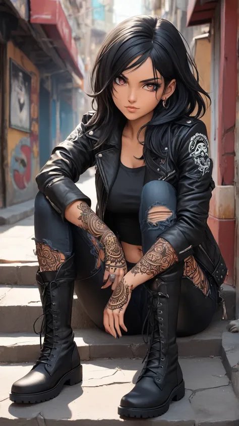  Indian Anime Girl with Long Dark Hair and Piercing Eyes.  Her toned abdomen and curves are visible .  She has an intricate henna tattoo that wraps around her arm .Clothing: Raven wears a short leather jacket ,  ripped low-rise jeans and knee-high boots,  ...