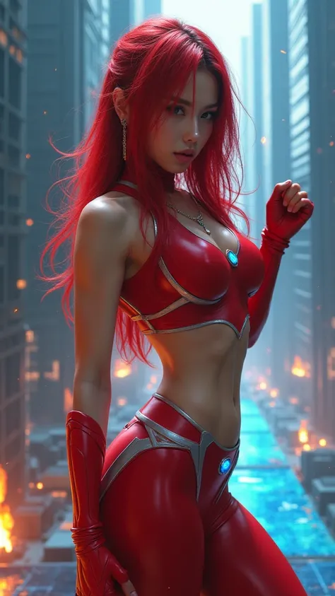 (AWPortraitFL LoRA V16),Hermosa mujer japonesa ,muscular female,Full Body Shot,(fighting Pose:1.3),Long hair, Red Hair,  Brown Eyes,Hero Suit, Full Body Suit, red suit with white details,small round blue jewel in the center of the chest, perfect anatomy,  ...