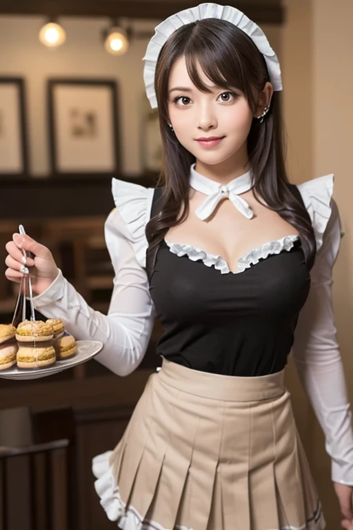 (One Girl), Brown Hair,  faceup,amazing face and eyes , Pink Eyes, Charming smile, (Frill Maid Cafe Costume,  pleated mini skirt :1.5), ( Wide Open Maid Cafe Costume:1.2), Exposed breasts, ( very pretty girls ), Brown Hair, Stylish hair accessories, (Best ...