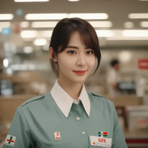 Cinematic top quality, Super detailed,Seven Eleven showing their , scenery, indoor, ID card, One girl, box, Brown Hair, shirt, short hair, uniform, Holding, employee uniform, Short sleeve, Black Hair, realistic, photograph (Moderate), photograph background...