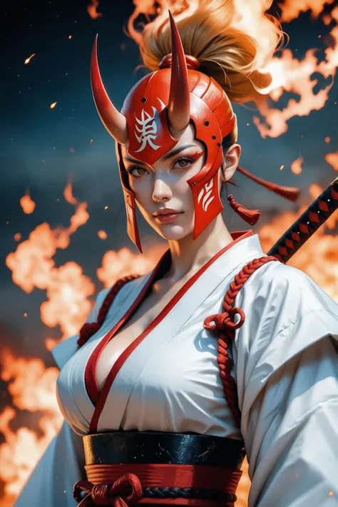 Score_9, score_8_up, score_7_up, source_real, photorealistic;; 1woman, solo;; samurai, samurai helmet, red oni mask, burning black eyes, smoke drifting from eyes, metal samurai armour, large breasts, large black Katana, frosted, floating adrift in space, h...