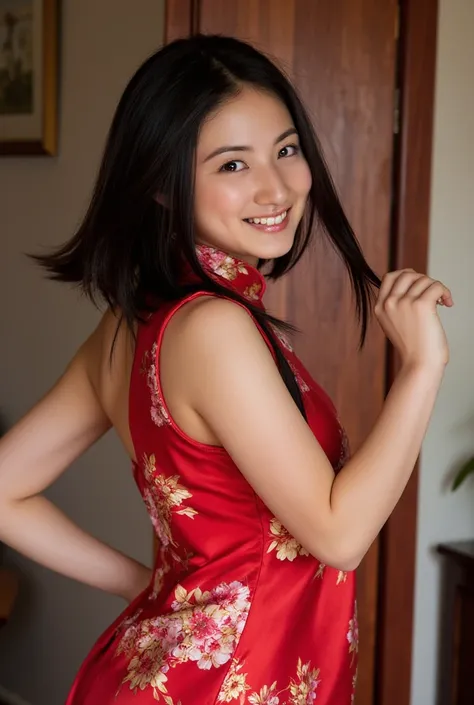 A realistic photo of a young japanese woman wearing a traditional Chinese dress. She is busty with huge breasts and deep cleavage.She has beautiful, shiny black hair and dark black eyes. She has a beautiful smile and a young, flirting with the camera, sult...