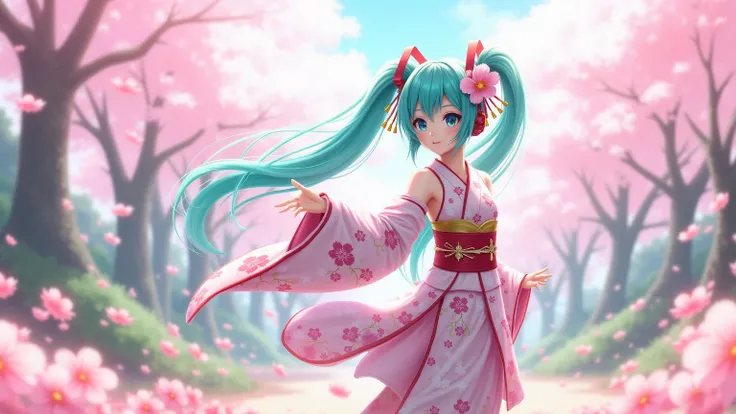 Fantastic image of Hatsune Miku in kimono 、 cherry blossom petals dancing、Cherry blossom trees、cherry blossom festival、 Fantastic Image 