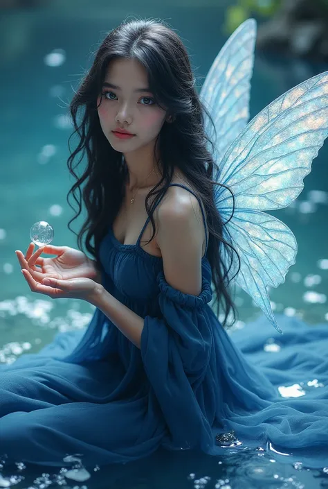  Beautiful girl with long wavy hair , bohemian dress,  ojos azules, cabello negro,  elegant dress ,  navy blue, surrounded by water, blue crystalline fairy wings ,  containing a bubble in the hand 