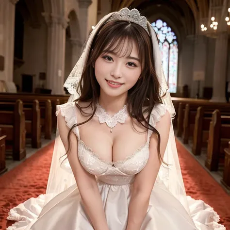 ( top quality,  Masterpiece:1.2), ( by Nomi:1.3), ( very detailed background ,  Detailed Biography),  (( amazing toned chest )), (Sexy lewd),  frill dress , (sheer, pure white dress with lace trim:1.4), Bridal Tiara,  Gorgeous parchment white wedding dress...