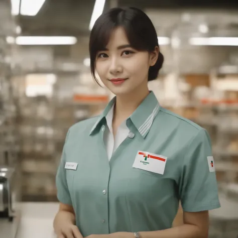 Cinematic top quality, Super detailed,Seven Eleven showing their , scenery, indoor, ID card, One girl, box, Brown Hair, shirt, short hair, uniform, Holding, employee uniform, Short sleeve, Black Hair, realistic, photograph (Moderate), photograph background...