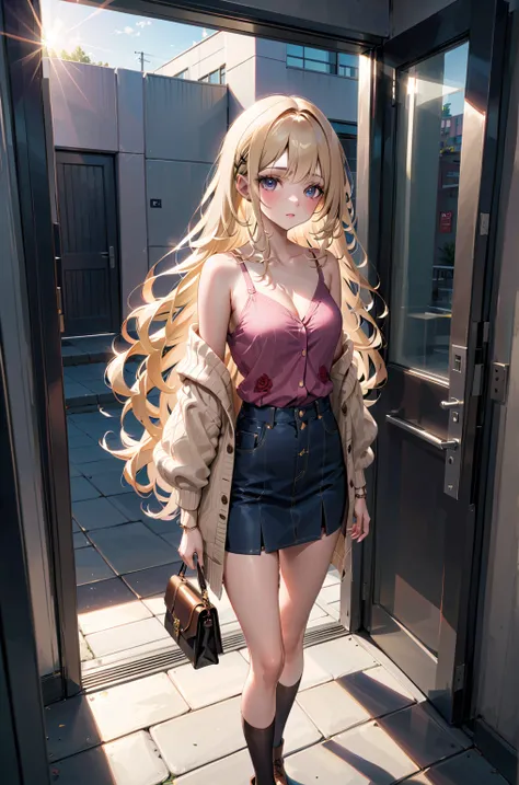 beauty woman, standing posed, near alloy mesh gate door, holding bag, BREAK, (+forehead, long hair, wavy hair, black hair, blonde streaked hair, blonde hilighted hair, blonde ombre, 2 colored tone hair), BREAK, ( (beige 3/4 sleeves cardigan, show one shoul...