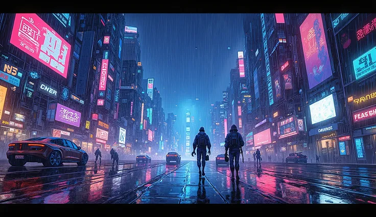 I want the view of a cyberpunk futuristic city in anime style at night, a sprawling neon metropolis with towering skyscrapers, holographic billboards, futuristic flying vehicles, and rain-slicked reflective streets, set against a dark urban backdrop illumi...