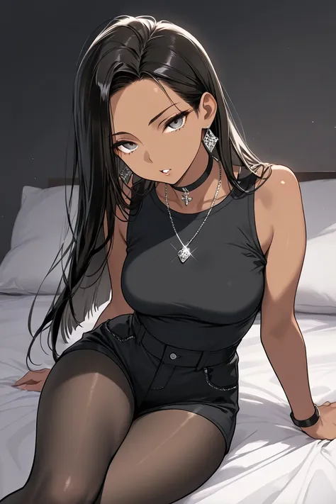 1Girl, Mature, African American, Dark Skin, Jet Black Straight Hair, Long Hair, Shiny Hair, Bright Grey Eyes, Medium Breasts, Black Long-Sleeved Band Tee Shirt, Black Tight Shortalls, Black Pantyhose, Black Choker Necklace, Looking At Viewer, Bored, Parted...