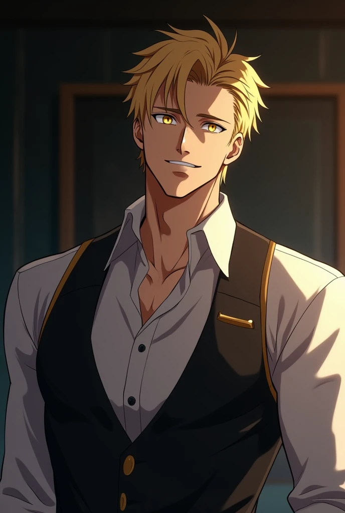 Create a high-muscled anime screenshot image,  blonde hair brushed back, Caucasian skin,  his eyes cannot be seen by a shadow , He is smiling,  wears a White Shirt ,  a black vest and gold details ,  It is found in dark room 