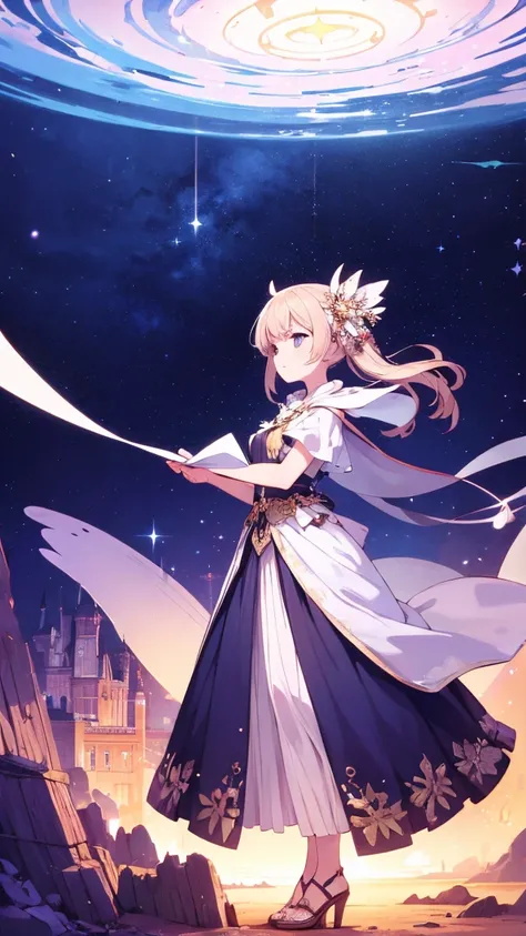 "A woman standing in a fantasy landscape. The background features floating islands and shining stars, and the woman is wearing a long dress, gazing calmly into the distance."


























