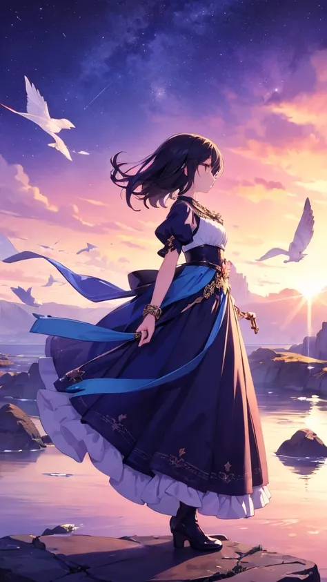 "A woman standing in a fantasy landscape. The background features floating islands and shining stars, and the woman is wearing a long dress, gazing calmly into the distance."


























