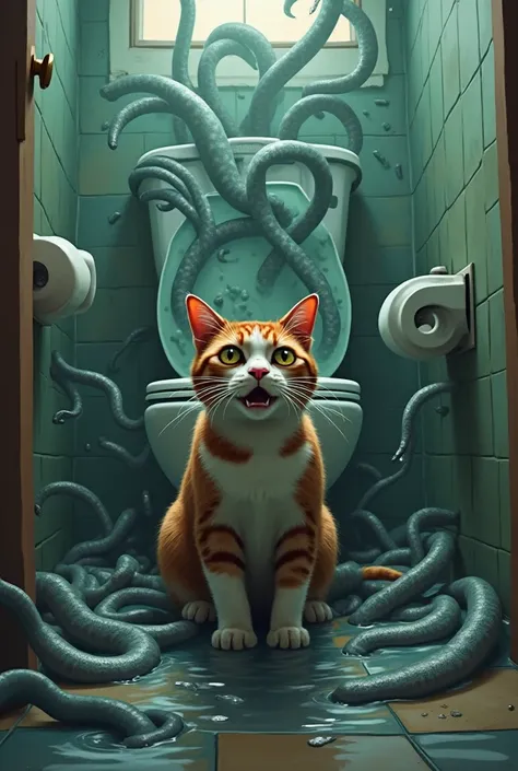 A large amount of eels overflows from the toilet、A red, brown, and white cat with fear on its face。The cat is in a panic。The room is flooded。Overflowing with eels。