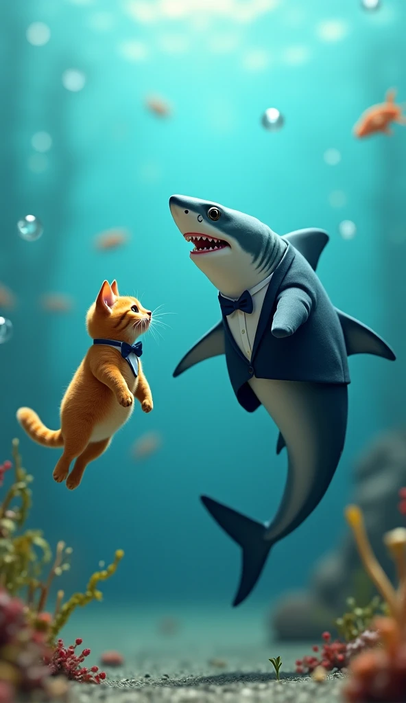 shark, dressed, approaching , mother orange cat, Dressed while swimming