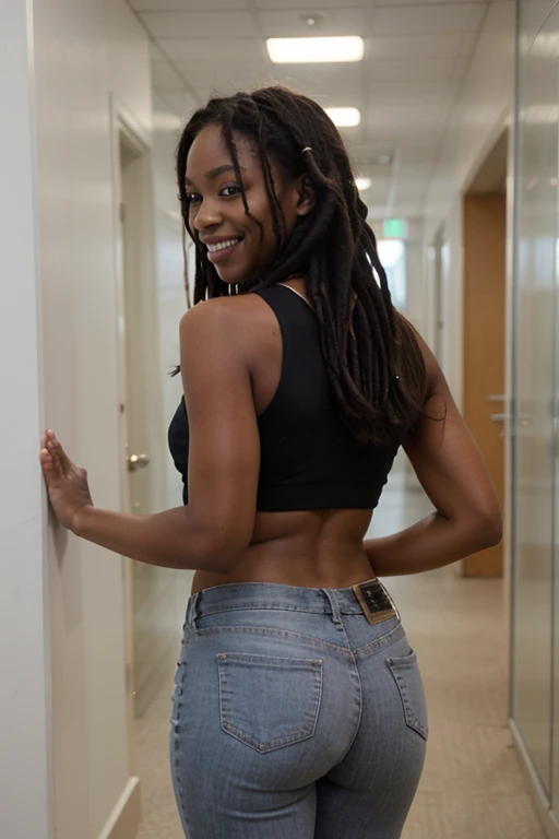 African black woman, very dark ebony skin, dreadlocks, smile, Fitness musclular body, white crop top, to take off jeans completely, office corridor, close-up portrait, from behind 