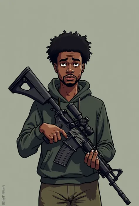 Cartoon of a slightly sad  black  holding an AR-15 rifle and the carrying comb of the Amor gun