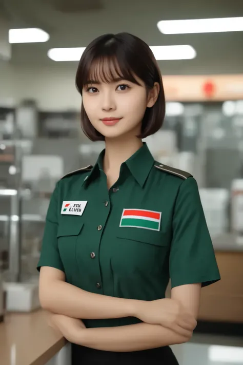 Cinematic top quality, Super detailed,Seven Eleven showing their , scenery, indoor, ID card, One girl, box, Brown Hair, shirt, short hair, uniform, Holding, employee uniform, Short sleeve, Black Hair, realistic, photograph (Moderate), photograph background...