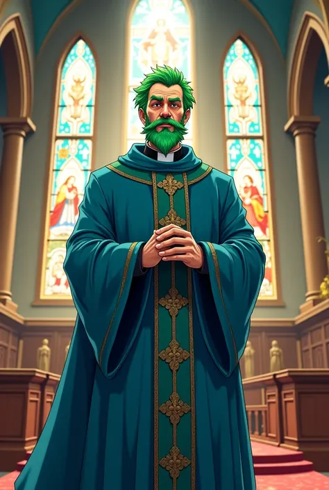 A middle aged priest with green hair, traditional priest attire with a color scheme of blue, green facial hair, in a church, anime.