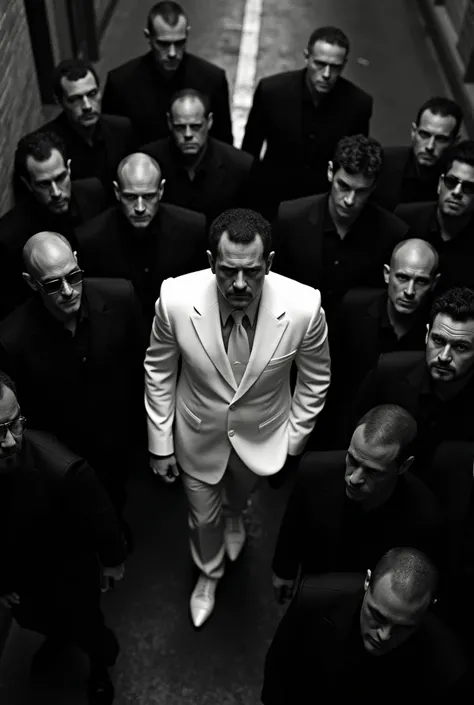 Incorporate director Tarantino and create a top-down photograph of a person dressed in white surrounded by people dressed in black