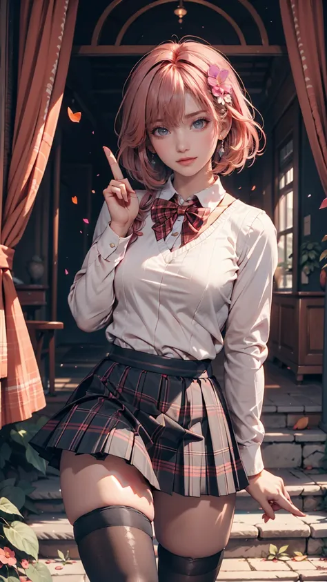 Ph Momo , Peach, ふPeach, Alone,  1 girl,   pink hair,   purple eyes ,  short hair,  Hair Flower,  sweater vest,  school uniform,  big eyes,   Plaid Skirt ,  black knee-highs, Making peace sign ,  I'm embarrassed、 micro mini length pleated skirt、Inner thigh...