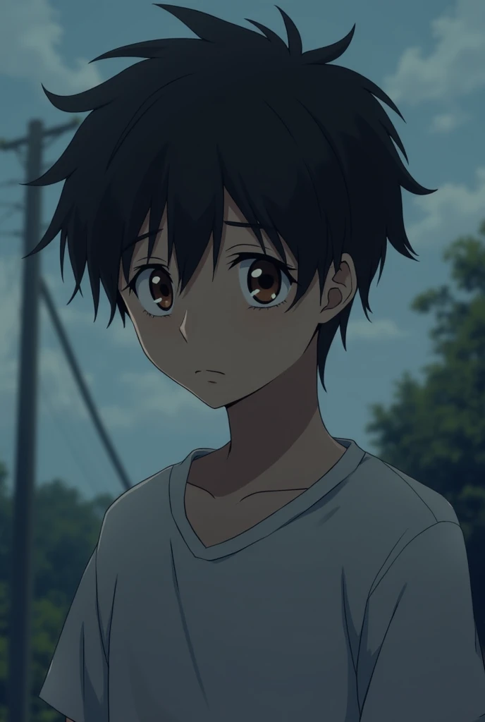 A man with black hair and brown eyes and who wears a shirt and who has a sad face 
anime 