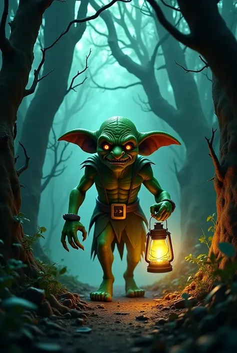 Evil leprechaun walking with a lantern in the woods 