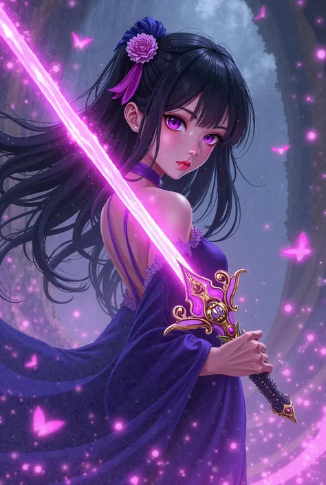 Create an image of an anime girl who carries a flamboyant sword in fluoride purple with retro touches, that the girl is black-haired with striking purple eyes whose main concept is magic.

