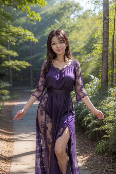 (8k, RAW photo, photorealistic, HQ, masterpiece), a cute Japanese woman, (glowing eyes), 
(smile), brown hair, (Sexy purple lace long  dress:1.2), large breasts, (in the forest),(Seductive pose, dynamic and sexy pose:1.2), 
blurred background, depth of fie...