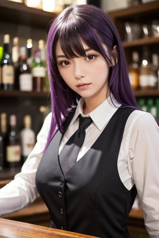  1 girl, Alone, bangs, , hands on chest,  Jill Stingray,   long sleeve ,  Watch Your Audience,  purple hair,  medium boobs,  ties,  shirt, Alone,  upper body, vest,   bartender , vest, white  shirt,