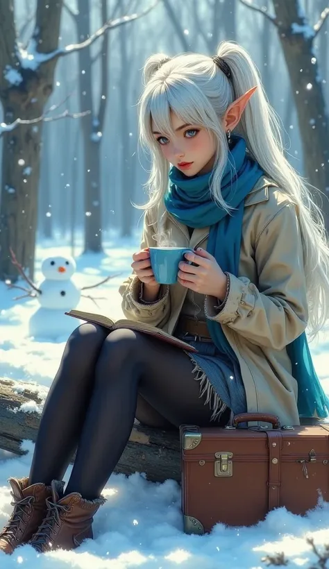 1girl, elf, artist:[lack|fuzichoco|lam|kinta \(distortion\)|wlop|nixeu|happoubi jin|miyajima reiji], snowman, outdoors, sitting, blue scarf, twintails, holding cup, boots, log, earrings, mug, solo, suitcase, forest, bare tree, parted bangs, sky, white hair...