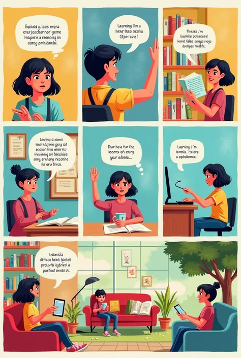 . I want you to create a comic with words in Spanish with 8 bullet points! Of course!!  Here's the comic based on the structure I proposed :

### ** The learning journey **

**Vignette 1: Title**
*image*:  A colorful background with the title  " The learni...