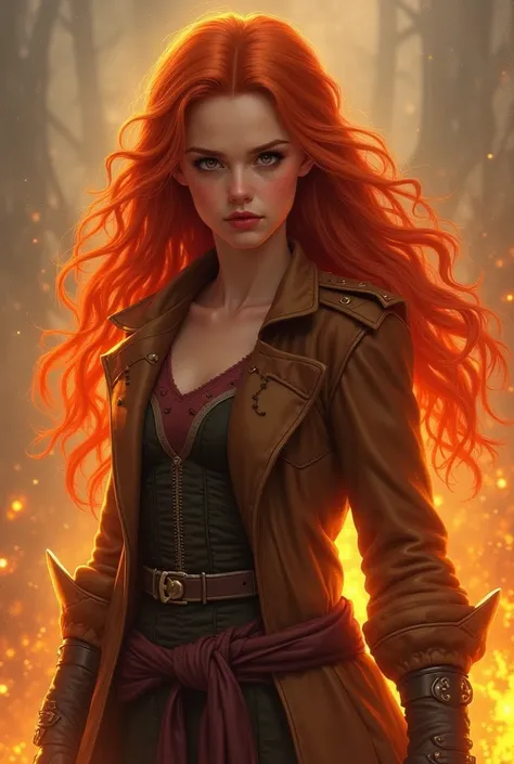  Create the image of a fire deity ,  her name is Fhogarus ,  she is a greedy and suspicious person .  She looks like a 17-year-old redheaded teenager with big European hair, He wears warm clothes 