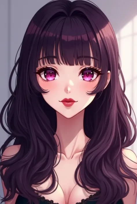 Create a stunning female character with layered long, dark purple hair that is adorned with a straight bang that is on her forehead. Her makeup is flawless, with a delicate, porcelain complexion that radiates a soft, ethereal glow. Her lips are a dark red ...