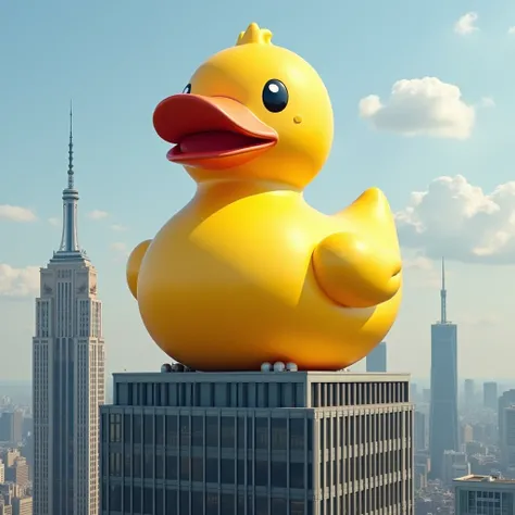 a giant rubber duck sitting on top of a building