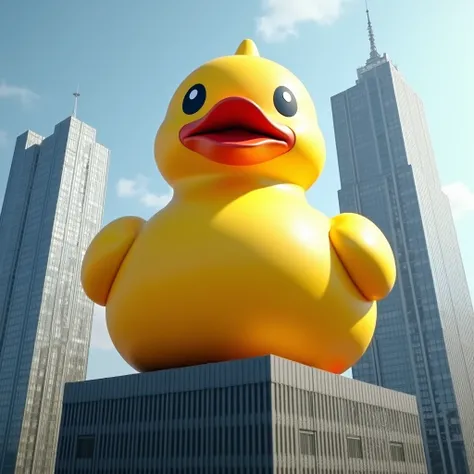 a giant rubber duck sitting on top of a building