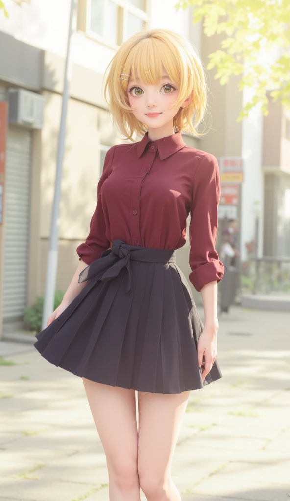  1girl , Alone, High Resolution, Smile, blue eyes, Short Hair, bangs, Blonde Hair, Yellow Eyes, Parted Lips, Multiple Views, Abstract, 8K Octane,  walks wearing a maroon shirt and a knee-length skirt that is slightly stitched at the hips, beautiful hips , ...