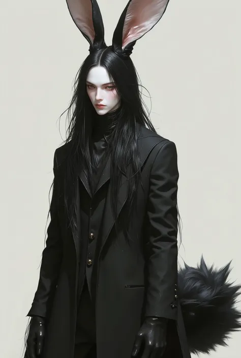 A man with long black hair, rabbit's ear and a tail.