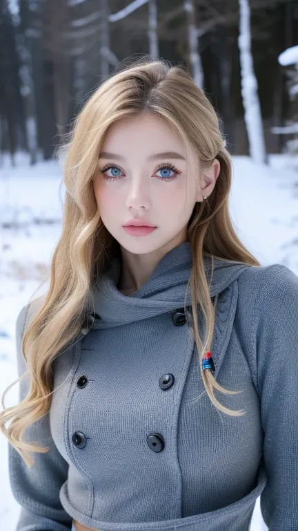     Beautiful woman  ,Cute,    huge natural chest    ,    blond curly hair  /current,    dark blue eyes and face  ,  painted in detail  ,  not too thin    ,     to make it ultra-realistic   ,     Western European girl    ,Snowy weather , military uniform (...