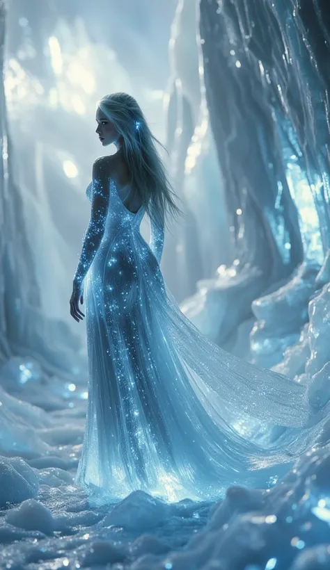 Hyper-realistic back-turned full figure of a female ice queen with skin glistening with translucent ice crystals and long, flowing hair cascading down. Her hair is styled to accentuate her regal bearing and sharp cheekbones. She has large, hypnotic eyes th...