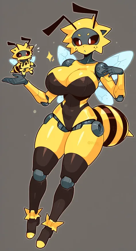 1 queen bee, huge breasts, Largethighs, flying, leotard , strapless, thigh highs, cleavage, robot, robot joints, 