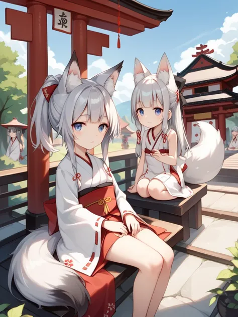  1 girl, Silver fox ears,  foxtail , Silver Tail,  lori, Young girl figure , Shrine maiden服, Shrine maiden,  ponytail,  Silver Hair, A shrine without people, girl sitting,  above him