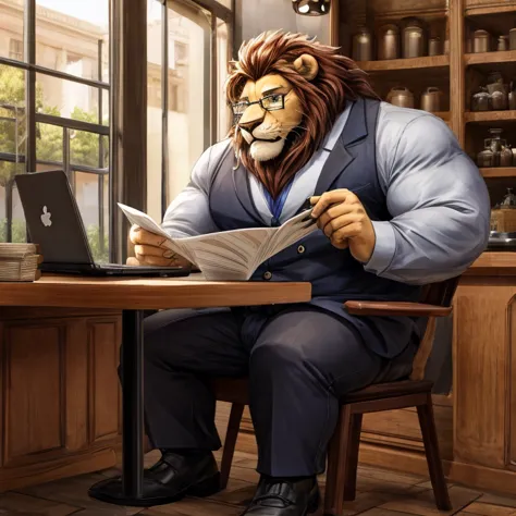 1 adult, male lion, he's chubby, is wearing glasses and  a manager uniform, pants, the lion is standing inside of a coffee store, is sitting  in a chair of the store reading some papers and working on a laptop