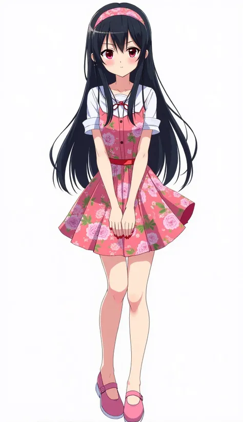  Japanese anime age woman with long straight black hair and intense magenta eyes and red nails and She wears a colorful and floral outfit. SHE WEARS A HEADBAND , a dress with floral prints ,  a pink skirt and matching shoes Y white background and full body...