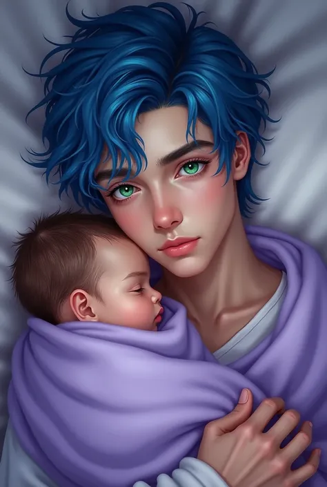  Young man, Cobalt blue hair,  emerald green eyes, Carrying a baby whose face can't be seen, In a light purple blanket