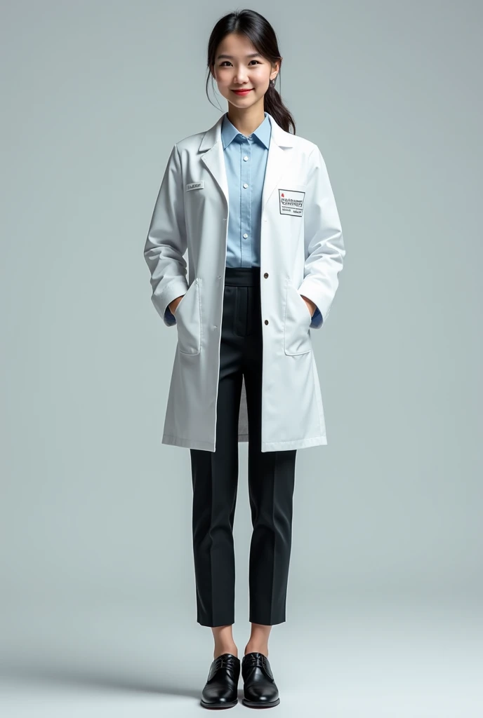 create a women's work uniform, which has a lab coat with the company name "Quantumis Research Corporation"