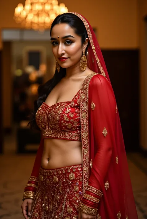 (masterpiece, best quality:1.2), She stands under a golden chandelier, her deep red lehenga embroidered with intricate gold motifs. Her sheer, golden veil barely covers her sculpted waist, leaving her deep, hourglass navel fully exposed. A multi-layered ma...