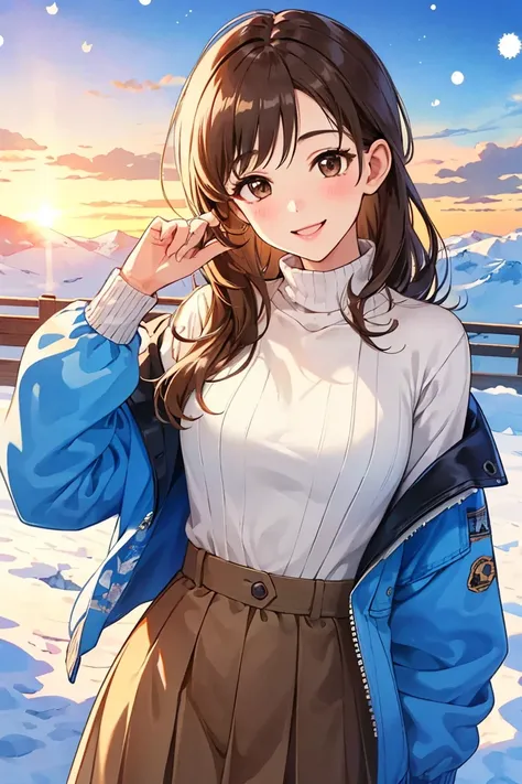  Masterpiece,  top quality,  Hi-Res,8k,4K, beautiful,1 girl,Alone,brown hair,long hair, brown eyes,Minami Nitta, clavicle,  is standing, cowboy shot,  place your hand on your lower back, smile, looking at camera, facing the front , erotic、 white turtleneck...