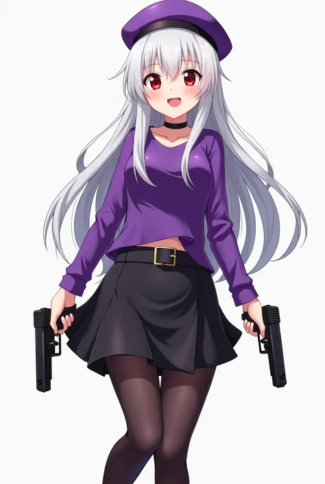 anime young adult female, white hair, red eyes, purple beret, purple long-sleeve shirt, black miniskirt, black pantyhose, purple loafers, holding two guns